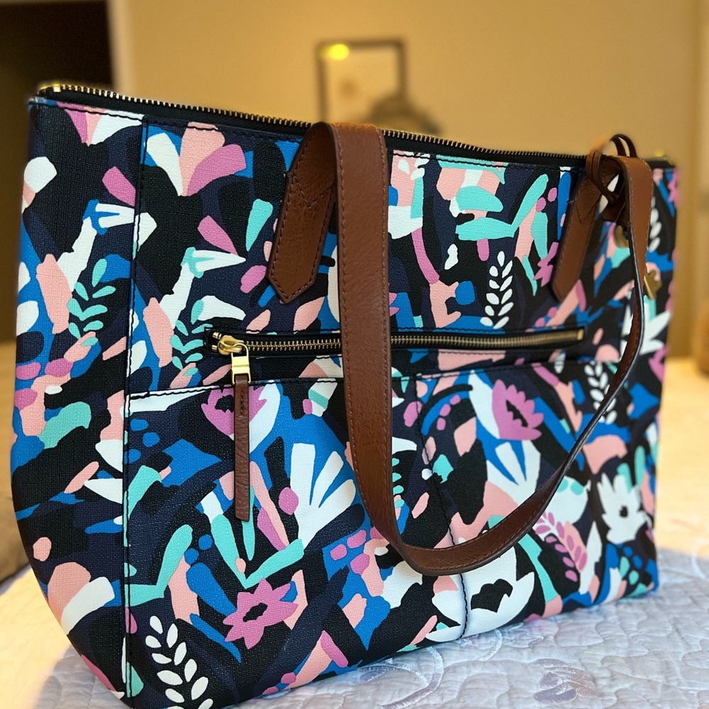 Fossil Fiona Tote Bag, Multi Colored Floral Print, Brown leather handles